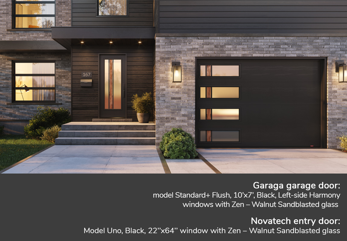 GARAGA garage doors | Standard+ model, Flush, 10’x7’, Black, Left-Side Harmony windows with Zen – Walnut Sandblasted glass | Novatech Entry door